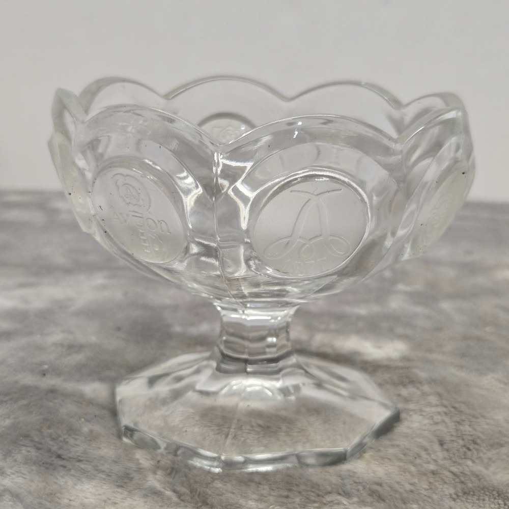 Avon 1886-1977 Anniversary Clear Glass Pedestal Candy Dish Scalloped Bowl